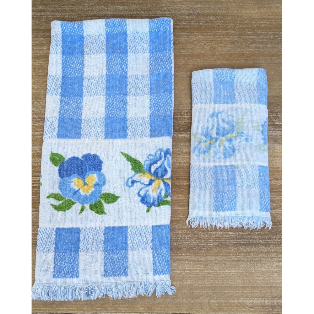 Vtg 70s Lady Pepperell Blue Check Plaid Floral Bath Hand Towel Set Cottagecore